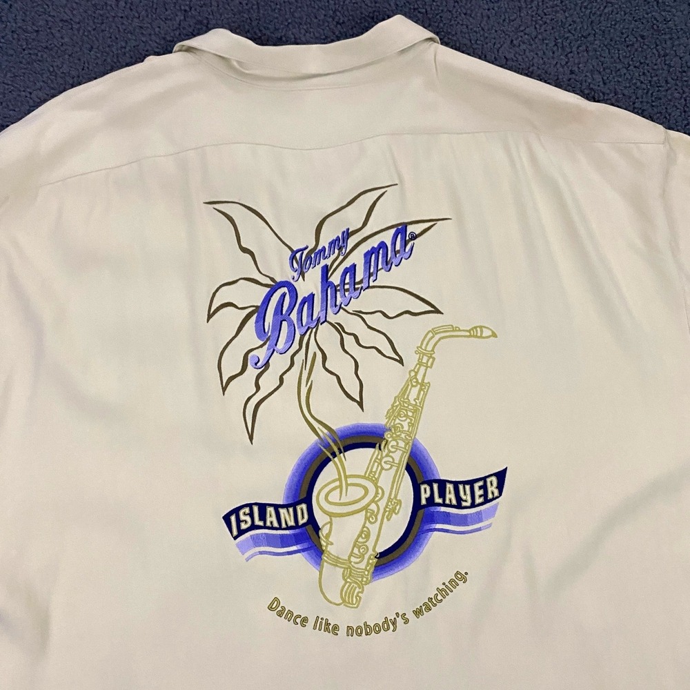 Tommy Bahama Shirt Mens 2XL Island Player Jazz Saxophone Embroidered Silk Hawaii